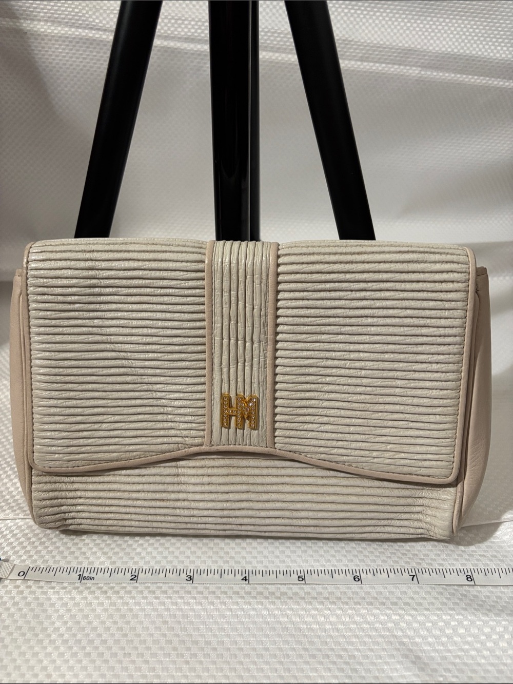 Cream Ribbed Clutch with Gold Detail